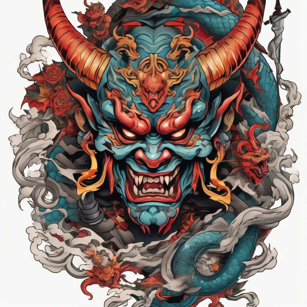 Back Tattoo with An Oni With a broken mask and a Sword, Dragons & snakes guardian angel tattoo forearm male, design de tatouage Japonais généré par IA